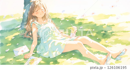 自然の中でくつろぐ女の子 126106195