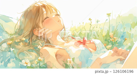 自然の中でくつろぐ女の子 126106196