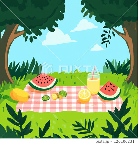 A colorful picnic setup in a sunny meadow with watermelon slices, lemonade, and a checkered blanket 126106231