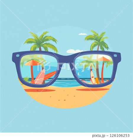 Stylish sunglasses reflecting a beach scene with palm trees and surfboards 126106253