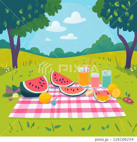 A colorful picnic setup in a sunny meadow with watermelon slices, lemonade, and a checkered blanket A colorful picnic setup in a sunny meadow with watermelon slices, lemonade, and a checkered blanket 126106254