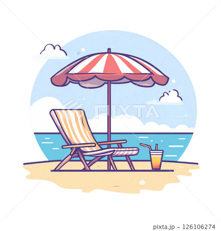 A cozy beach chair under a striped umbrella, with a cold drink and ocean breeze 126106274