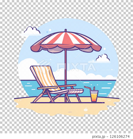 A cozy beach chair under a striped umbrella, with a cold drink and ocean breeze 126106274