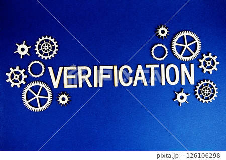 Verification alphabet letters with gears element on navy blue background Verification alphabet letters with gears element on navy blue background 126106298