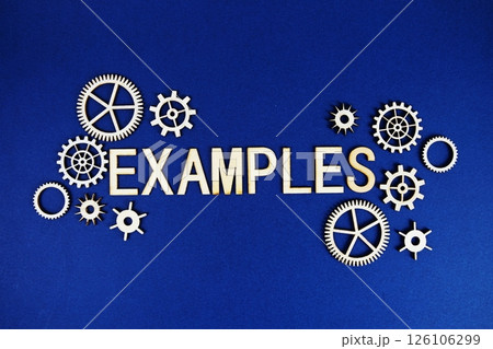 Examples alphabet letters with gears element on navy blue background 126106299