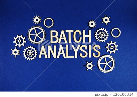 Batch Analysis alphabet letters with gears element on navy blue background Batch Analysis alphabet letters with gears element on navy blue background 126106314