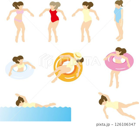 アイソメトリック　人物　女性　海　プール　水着　水泳　夏　スポーツ　レジャー　イラスト素材セット 126106347