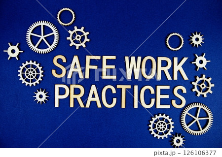 Safe Work Practices alphabet letters with gears element on navy blue background 126106377