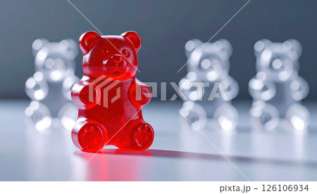 Single red gummy bear stands out in spotlight among transparent gummy bears, creating dramatic lighting effect Single red gummy bear stands out in spotlight among transparent gummy bears, creating dramatic lighting effect 126106934
