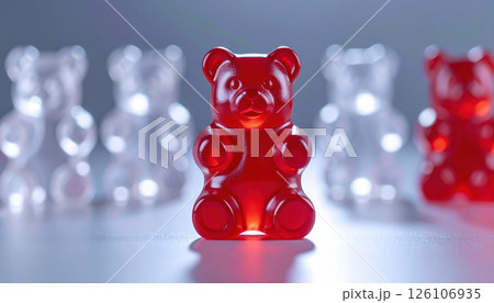 Single red gummy bear stands out in spotlight among transparent gummy bears, creating dramatic lighting effect 126106935