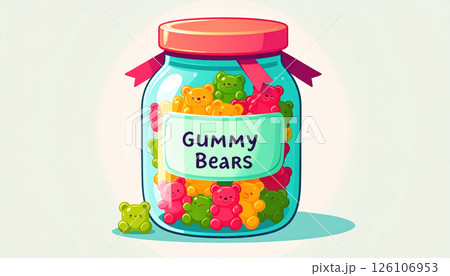 Colorful jar labeled Gummy Bears with gummy bears climbing out, in cute cartoon style 126106953