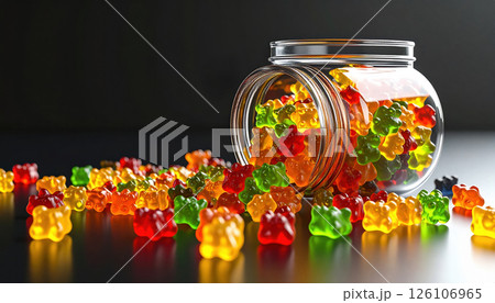 Colorful gummy bears spill from glass jar onto dark surface, creating vibrant and playful scene 126106965