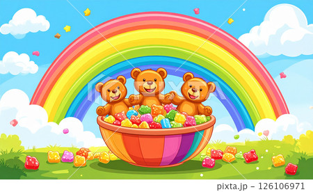 Three cartoon gummy bears joyfully slide down rainbow into colorful candy bowl 126106971