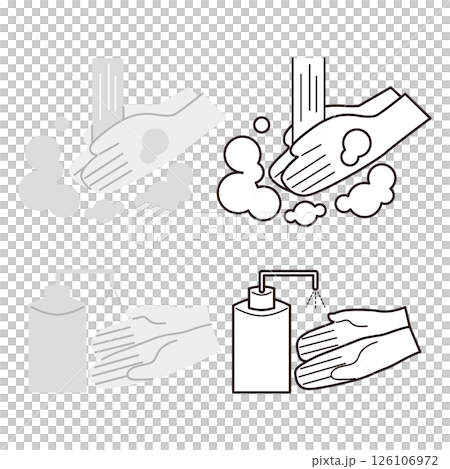Monochrome illustration of washing and disinfecting hands 126106972