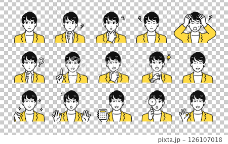 Casual young men facial expression icon set 126107018