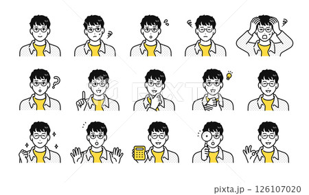 眼鏡をかけた若い男性の表情アイコンセット 126107020