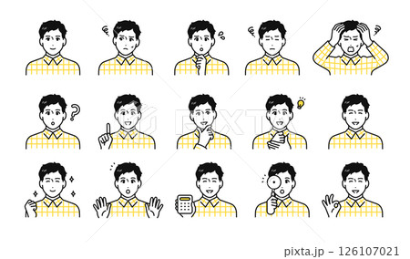 チェック柄のシャツを着た若い男性の表情アイコンセット 126107021