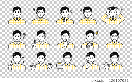 チェック柄のシャツを着た若い男性の表情アイコンセット 126107021