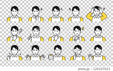 Facial expression icon set of a young man wearing a cardigan 126107023