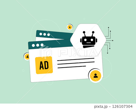 Marketing automation platform - vector illustration of AI-driven marketing dashboard with personalized ad content delivery, showcasing tools for segmentation, analytics and ads campaign automation 126107304