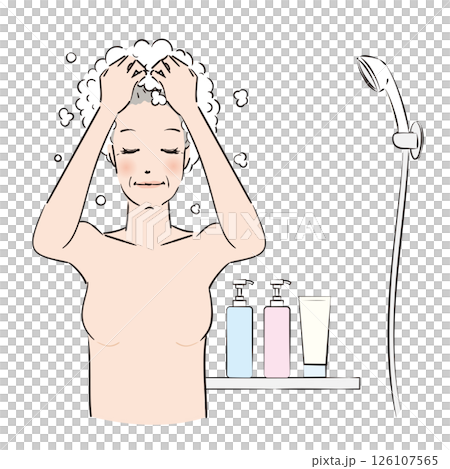 シャンプーを泡だてしっかり洗髪する女性 126107565