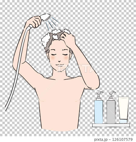 A man rinsing his shampooed hair in the shower 126107579