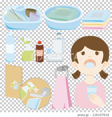 手洗い、うがい、漂白、除菌、ベクターイラストセット 126107616