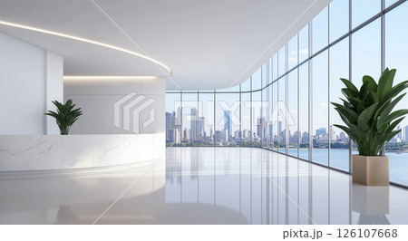 Modern office lobby with city skyline view and large glass windows Modern office lobby with city skyline view and large glass windows 126107668