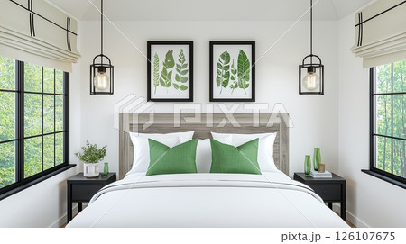 Modern minimalist bedroom with green accents and botanical art decor 126107675