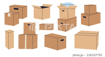 Flat cartoon set of cardboard box icons, open, closed, taped, stacked. Minimalist packaging, delivery and moving vector illustrations for logistics, shipping, warehouse and relocation, colored clipart 126107791