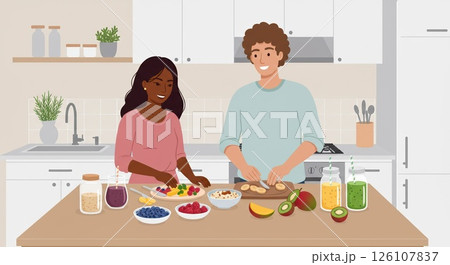 Couple creates healthy fruit delights together. Kitchen fun, always together, joy together 126107837