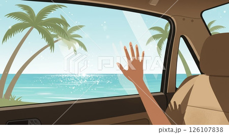 Hand waves from car, ocean paradise view. Tropical beach, freedom wave. This wave 126107838
