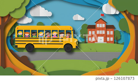 School bus journey, paper art kids to education. Paper journey, a true journey 126107873