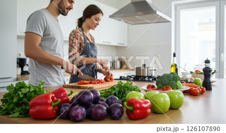 Couple cooking healthy meal in kitchen. Chopping fresh vegetables, healthy living. Very healthy 126107890