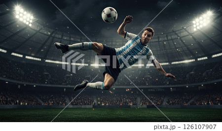 Soccer player's spectacular kick in stadium. Aerial skill, this amazing kick. Daring kick 126107907