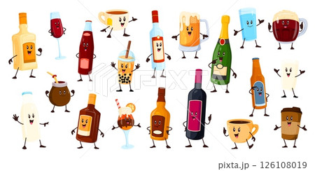 Cartoon alcohol drink and beverage characters. Funny bottles, glasses and cups vector personages of wine, beer, coffee and milk. Cute vodka, bubble tea, whisky, rum and soda bottle characters 126108019