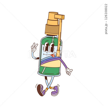 Cartoon groovy medical spray character with playful expression and vintage hippie sneakers. Isolated vector nasal or throat medicine sprayer bottle retro personage conveying health and funky vibe Cartoon groovy medical spray character with playful expression and vintage hippie sneakers. Isolated vector nasal or throat medicine sprayer bottle retro personage conveying health and funky vibe 126108022