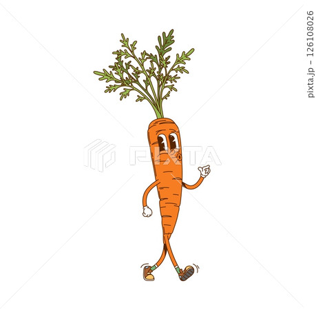 Cartoon groovy carrot character with funny face, vector comic vegetable personage. Groovy carrot with happy smile and whistling melody walking in hipster shoes for cute veggie character or emoji Cartoon groovy carrot character with funny face, vector comic vegetable personage. Groovy carrot with happy smile and whistling melody walking in hipster shoes for cute veggie character or emoji 126108026