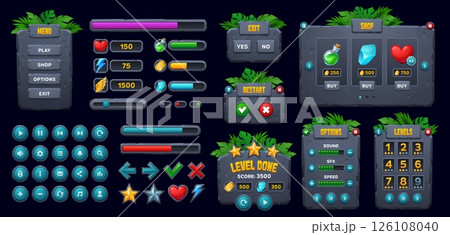 Game UI, jungle forest stone interface buttons and frames with rock boards and panels, vector GUI. Jungle forest arcade game interface icons, loading bars and stone menu controls with level options Game UI, jungle forest stone interface buttons and frames with rock boards and panels, vector GUI. Jungle forest arcade game interface icons, loading bars and stone menu controls with level options 126108040