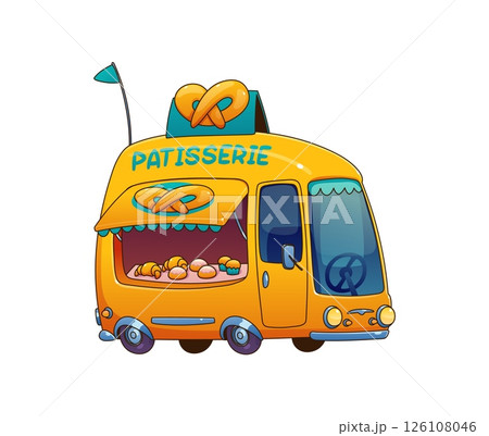 Cartoon patisserie food truck car, festival street foodtruck van offering freshly baked goods such as croissants, muffins and pretzels. Vector vintage yellow vehicle, inviting mobile bakery service Cartoon patisserie food truck car, festival street foodtruck van offering freshly baked goods such as croissants, muffins and pretzels. Vector vintage yellow vehicle, inviting mobile bakery service 126108046