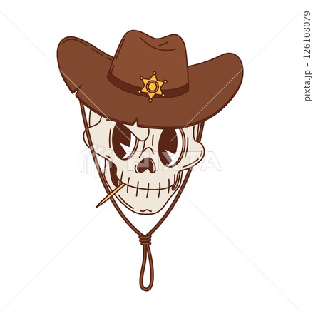 Cartoon groovy wild west cowboy skull, western character wearing a brown hat adorned with a sheriff badge. Isolated vector y2k human cranium with hollow angry eyes and holds a toothpick in its mouth Cartoon groovy wild west cowboy skull, western character wearing a brown hat adorned with a sheriff badge. Isolated vector y2k human cranium with hollow angry eyes and holds a toothpick in its mouth 126108079