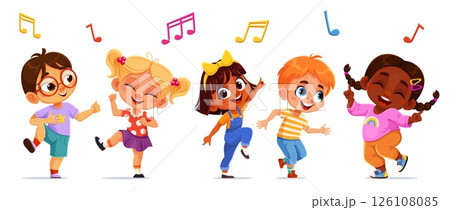 Kids dancing and jumping at party. Group of happy cartoon children having fun and enjoying music together. Vector scene with boys and girls in laughing, moving and celebrating with music notes around 126108085