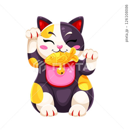 Japanese Maneki Neko lucky cat holds a golden fish in its mouth while raising one paw in a welcoming gesture symbolizes good fortune and prosperity. Isolated cartoon vector traditional Japan souvenir 126108086