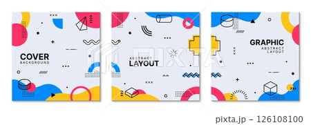 Square covers with Memphis geometric pattern of abstract shapes, vector backgrounds. Modern Memphis pattern for banner or poster and book cover layout with geometric figures and color minimal elements Square covers with Memphis geometric pattern of abstract shapes, vector backgrounds. Modern Memphis pattern for banner or poster and book cover layout with geometric figures and color minimal elements 126108100