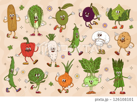 Cartoon groovy vegetable characters with funny face and happy smile, vector retro comic. Groovy asparagus with funky onion and olive, silly corn and cabbage with potato and cabbage with thumb up 126108101