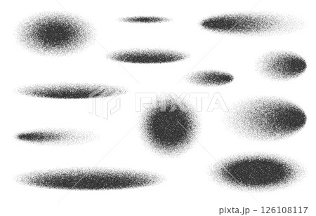 Oval and circle noise grain shadows effect with dots stipple gradient, vector shades. Circle shadows with noise grain effect, sand dotwork or paint spray for realistic oval shadows with grain texture 126108117