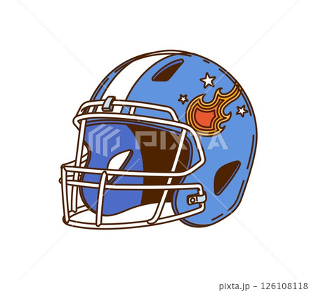 Cartoon groovy retro football helmet with protective faceguard, flame and stars emblem with y2k aesthetics, reflecting nostalgia and sporty vibes. Vector sports gear represents team spirit and safety 126108118