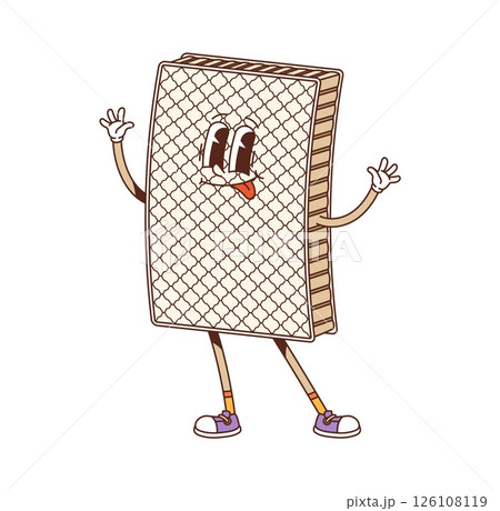Cartoon mattress groovy furniture and interior character with textured surface, waving hands and tongue out. Vector retro funny personage with vintage sneakers, and playful funky y2k hippie vibe 126108119