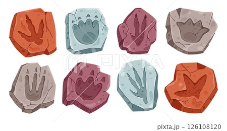 Dinosaur archaeology fossil footprints. Isolated vector set of ancient dino animal paw prints, reptile foot trail impression in stone pieces. Cartoon Jurassic era archaeological and paleontology finds Dinosaur archaeology fossil footprints. Isolated vector set of ancient dino animal paw prints, reptile foot trail impression in stone pieces. Cartoon Jurassic era archaeological and paleontology finds 126108120