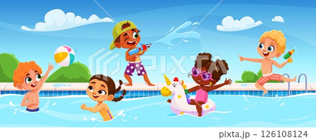 Cartoon children bathe swim and play in the...のイラスト素材 [126108124] - PIXTA